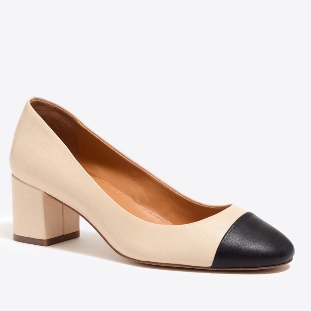 J.Crew Vintage Bryn Beige Black Cap Toe Leather Block Heels Women's Size 8.5